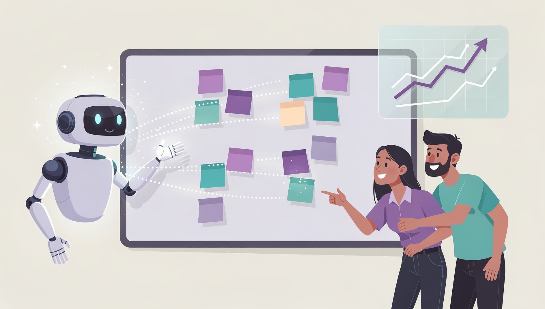 A friendly robot assistant grouping sticky notes into clusters on a retro board while teammates watch a trend chart